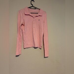 Y2K American Eagle Baby Pink Long Sleeve Polo